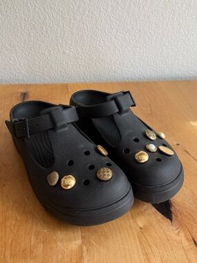 Women’s Mary Jane Black Slip-On Crocs-Style Sandals with Gold Charms